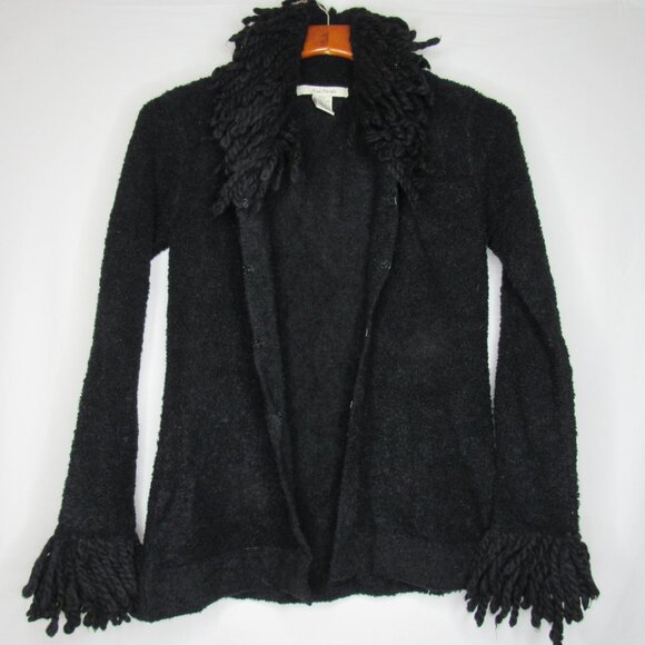 Free People Black Boucle Fringe Cardigan Sweater Hidden Hook Women's M Medium - Picture 8 of 9